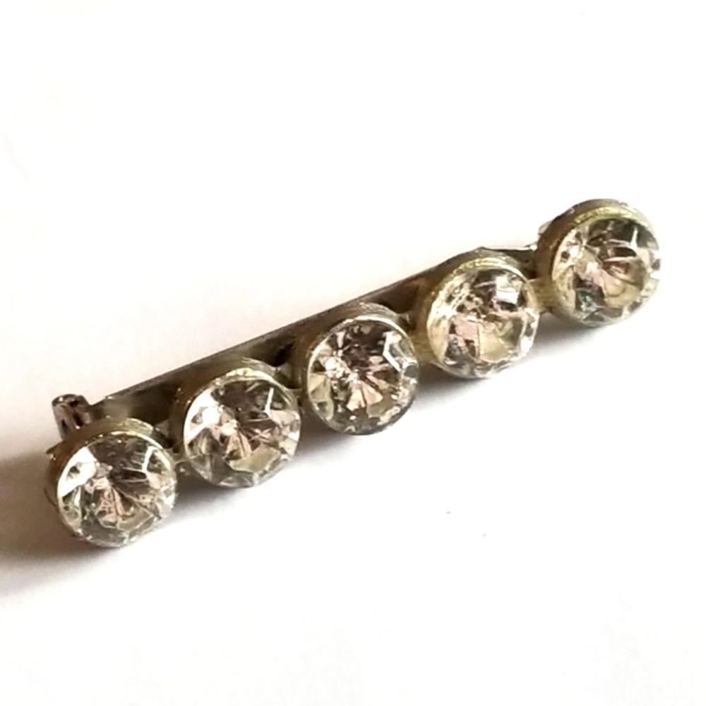 Vintage brooch row of clear gems broach bar pin silver tone art deco